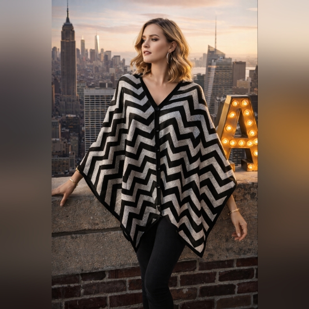 NWT Black Silver Metallic Chevron Poncho Wrap Multi-Way Shawl Cape Zig Zag Knit